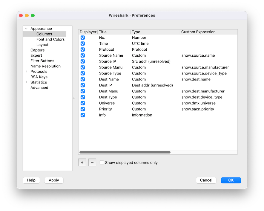 Lighting data column template