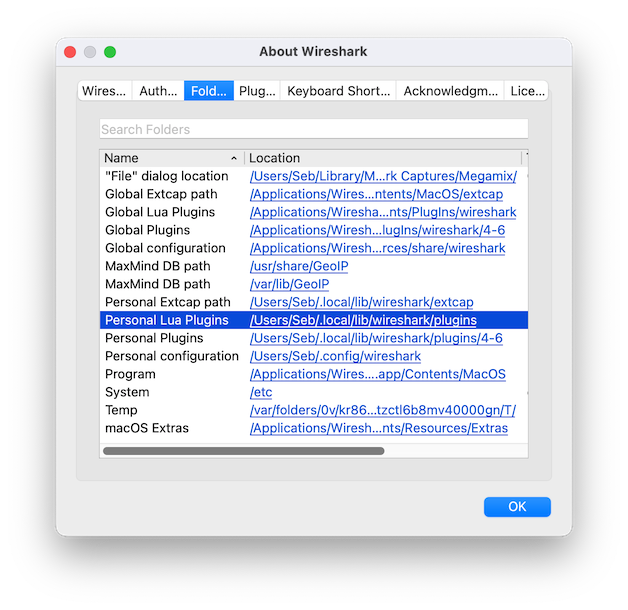 About Wireshark Folders dialog