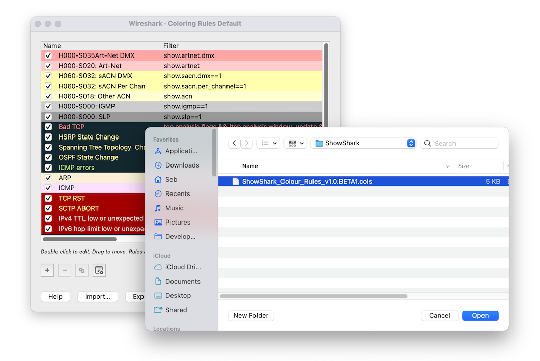 Wireshark Colouring Rules dialog