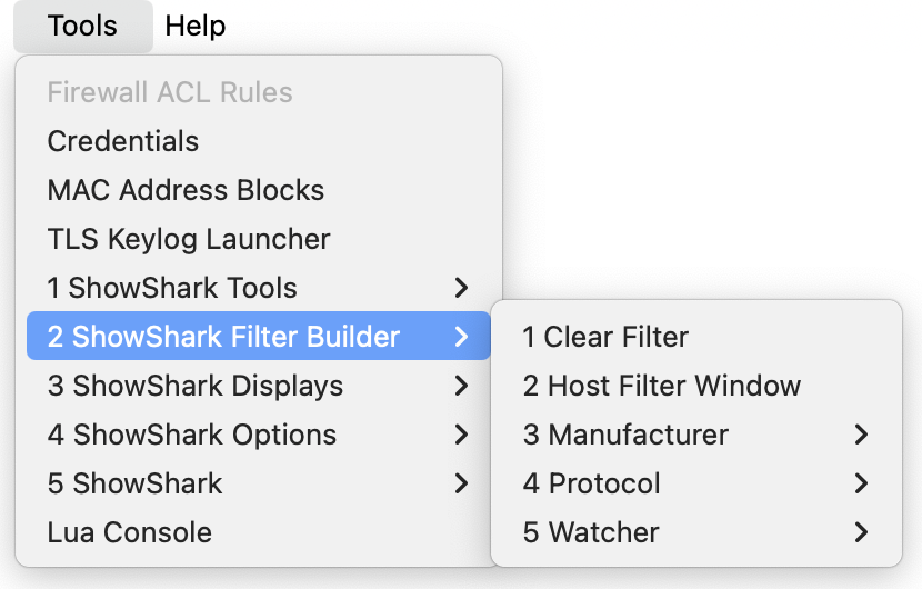 ShowShark Filter Builder menu