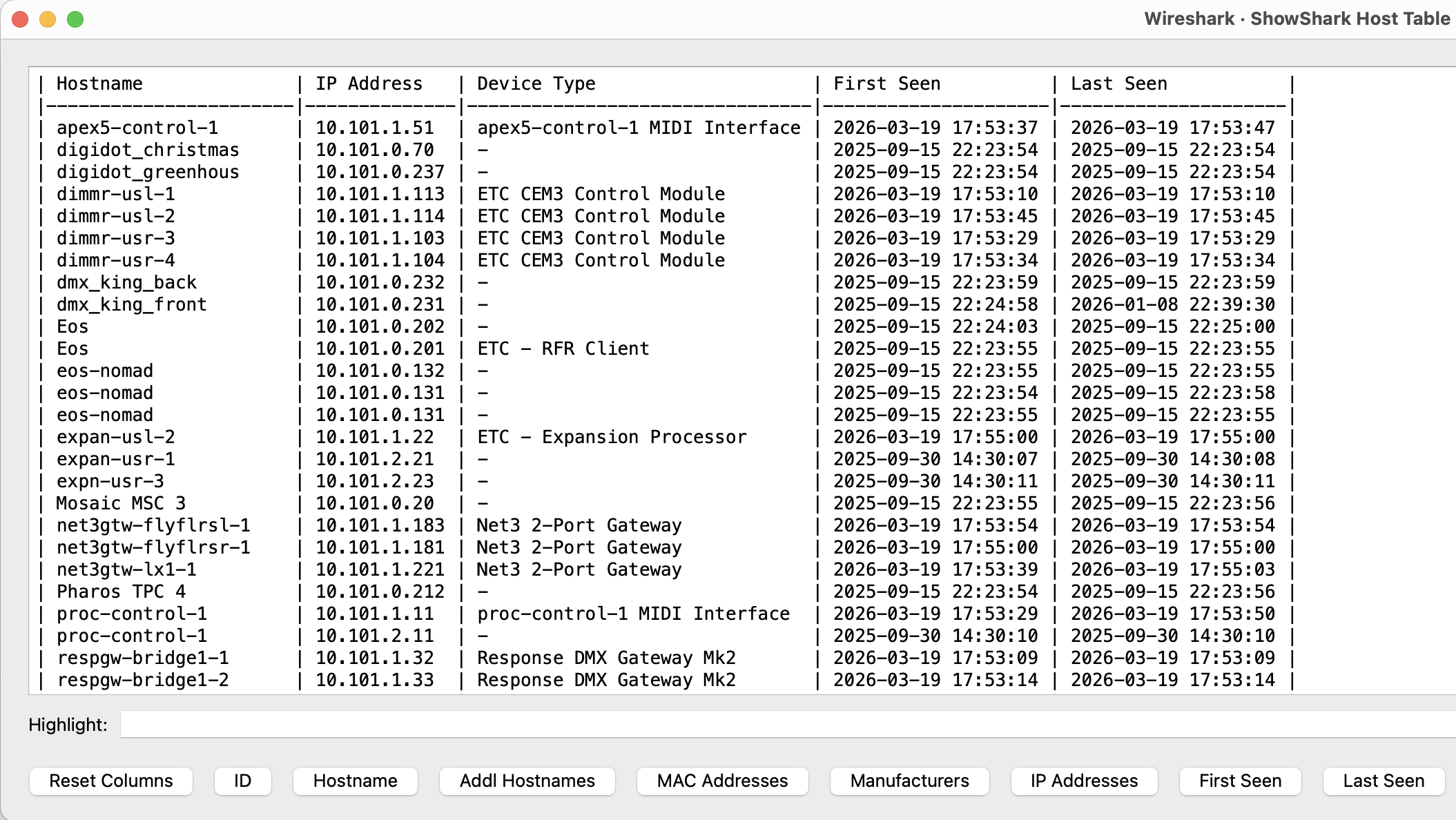 ShowShark Host Table window