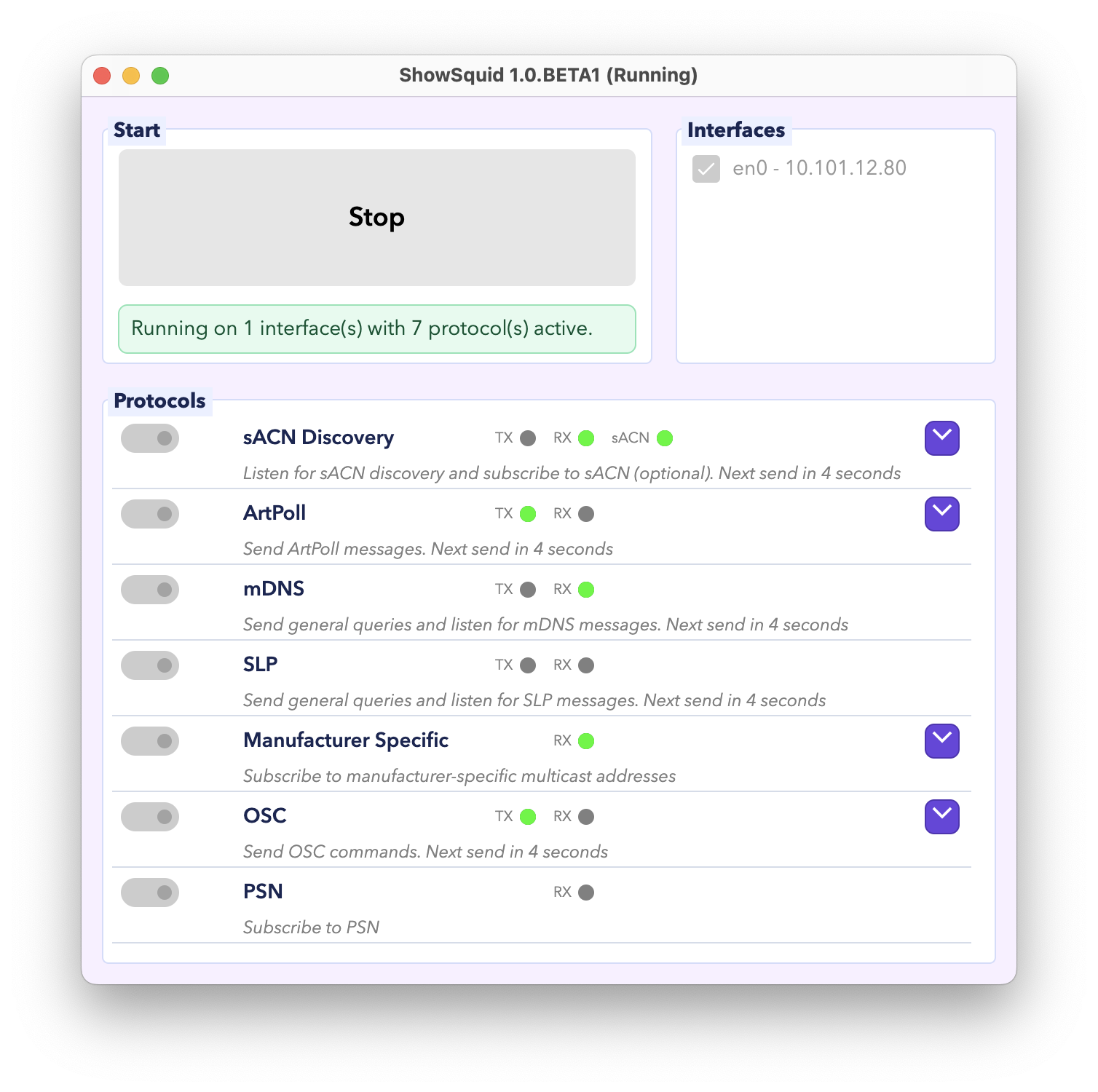 ShowSquid Advanced mode running with live protocol activity indicators