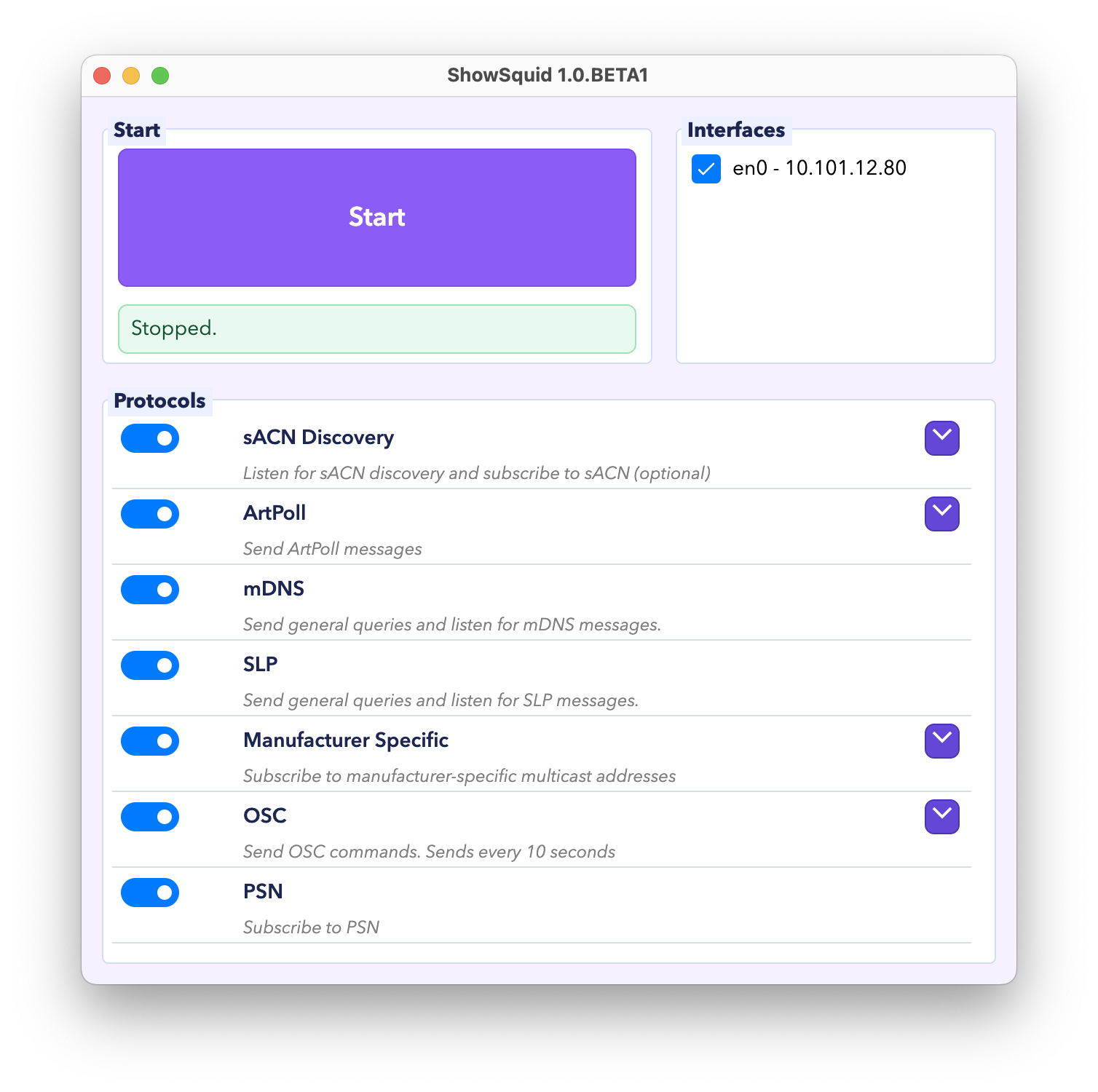 ShowSquid Advanced mode stopped with the full protocol list available
