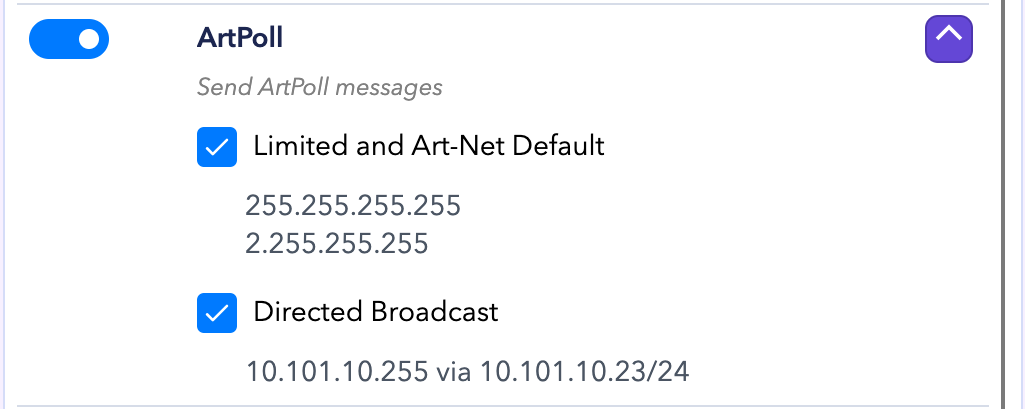ArtPoll options for limited, Art-Net default, and directed broadcast addresses
