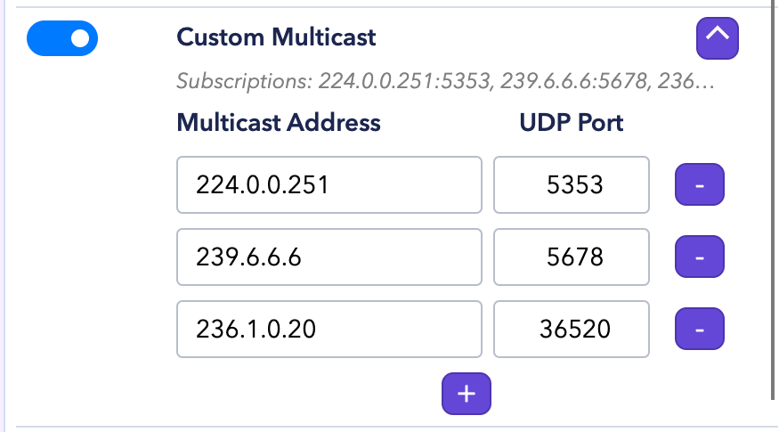 Custom Multicast options with three multicast addresses and UDP ports