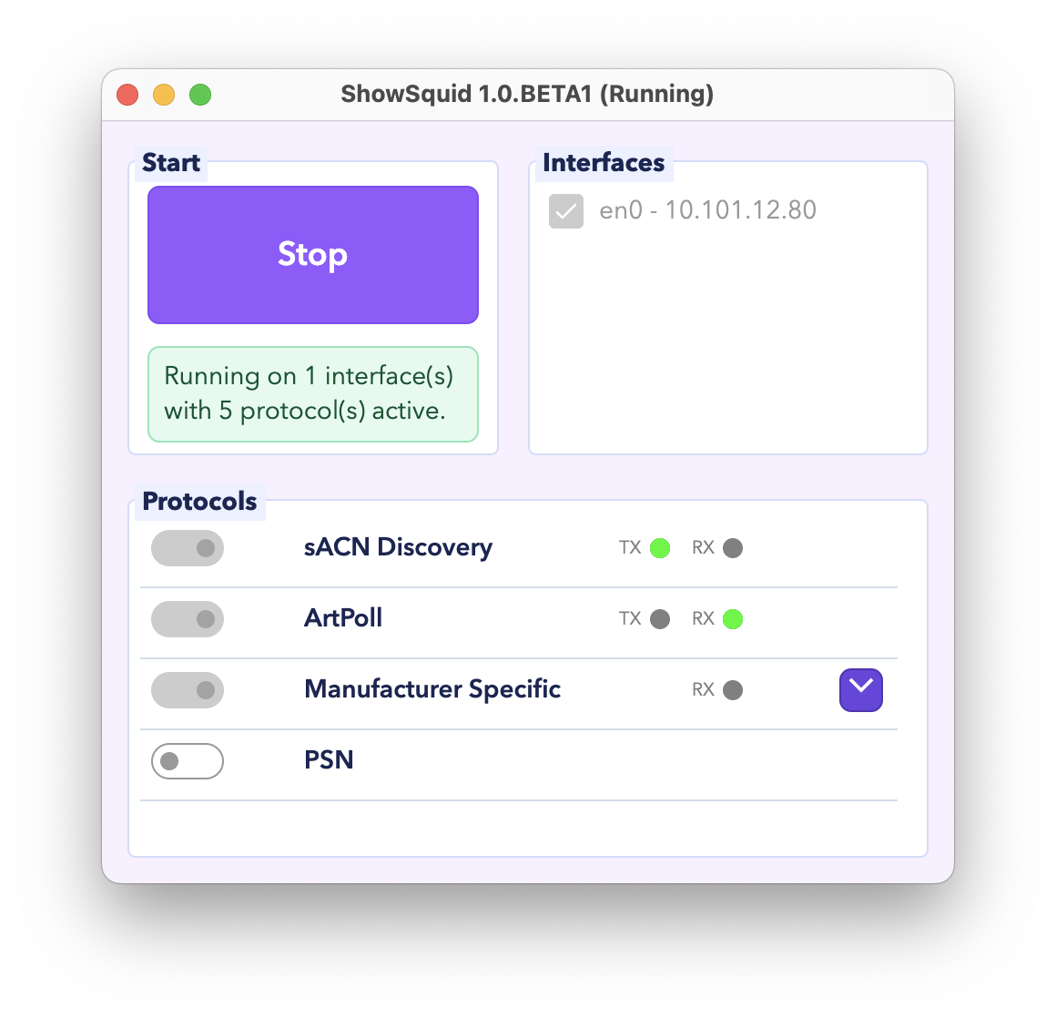 ShowSquid Essential mode running with live protocol activity indicators