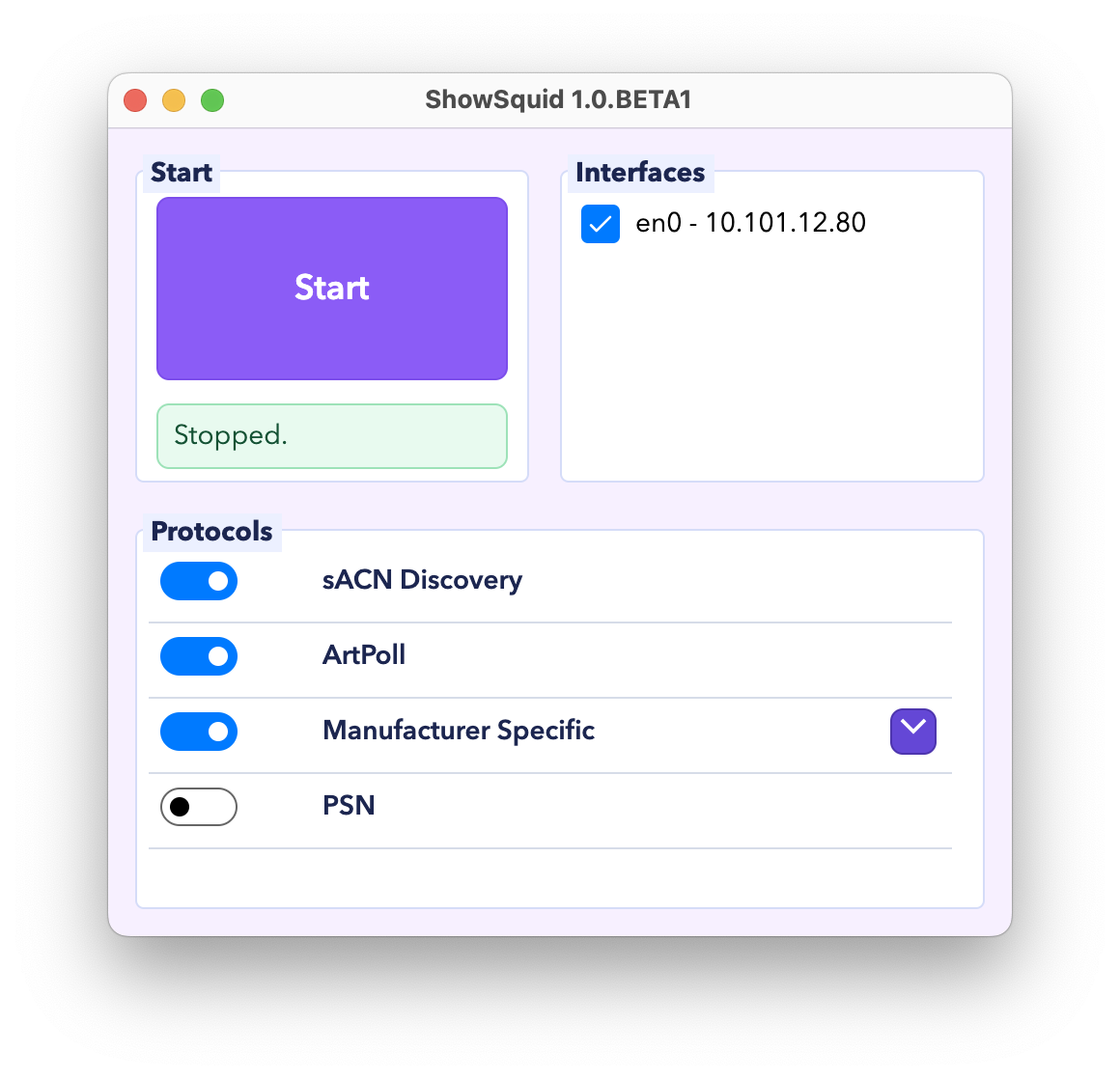 ShowSquid Essential mode stopped with an interface and protocol groups selected