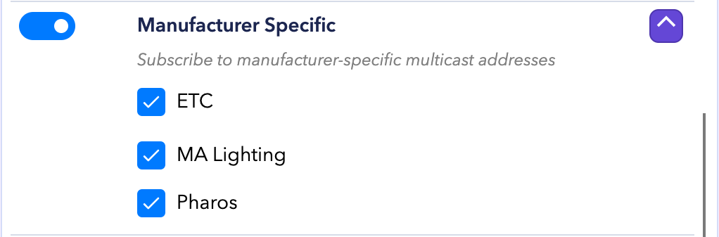 Manufacturer Specific options with ETC, MA Lighting, and Pharos selected