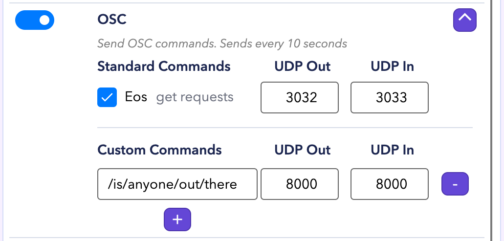 OSC options with an Eos predefined command, a custom command, and UDP ports