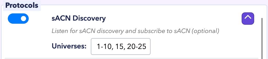 sACN Discovery options with individual universes and ranges entered