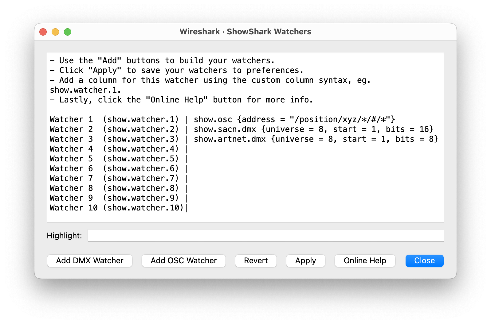 ShowShark Watchers window with configured watcher examples